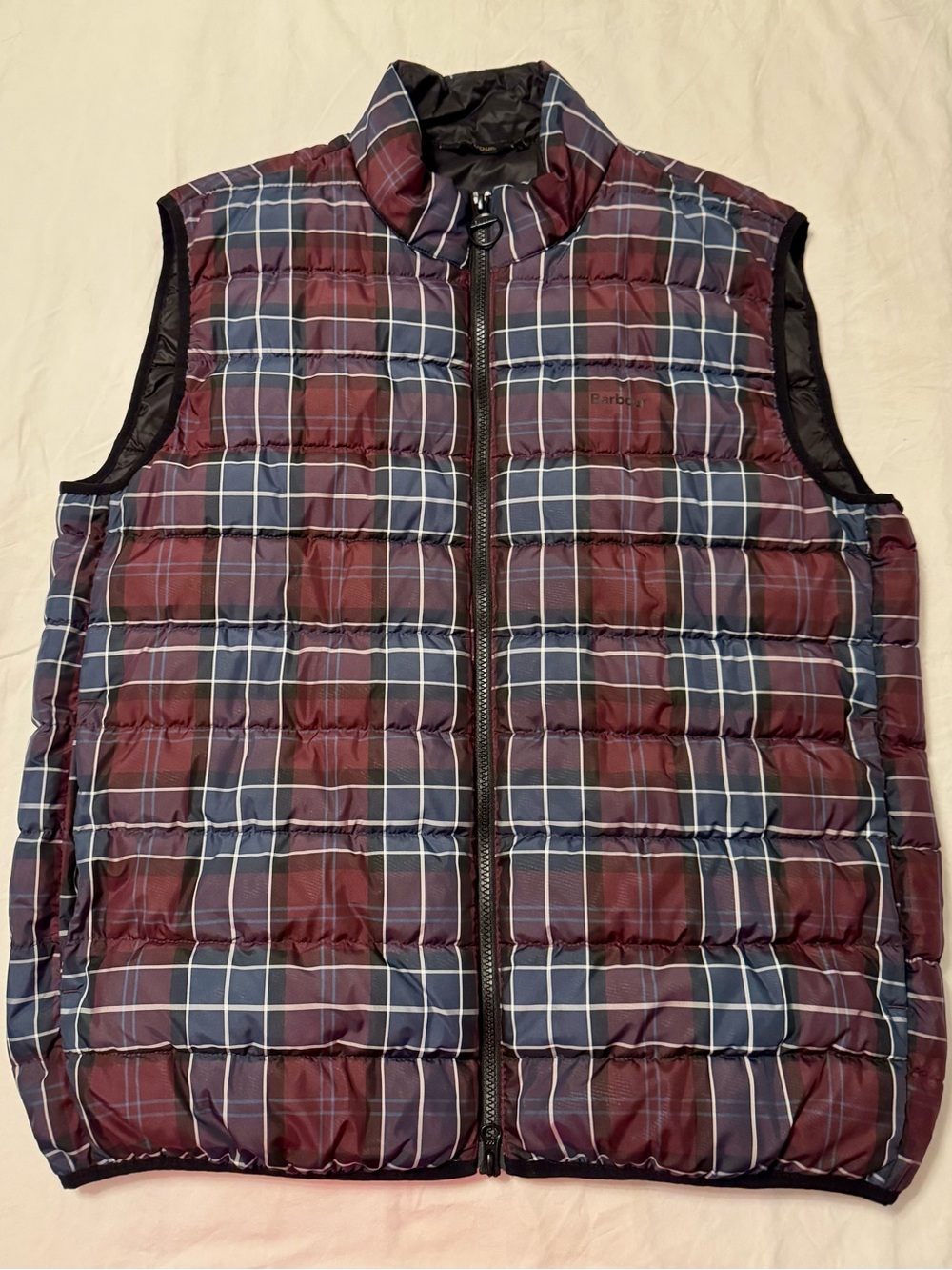 Barbour Quilted Plaid Vest in Burgundy and Navy